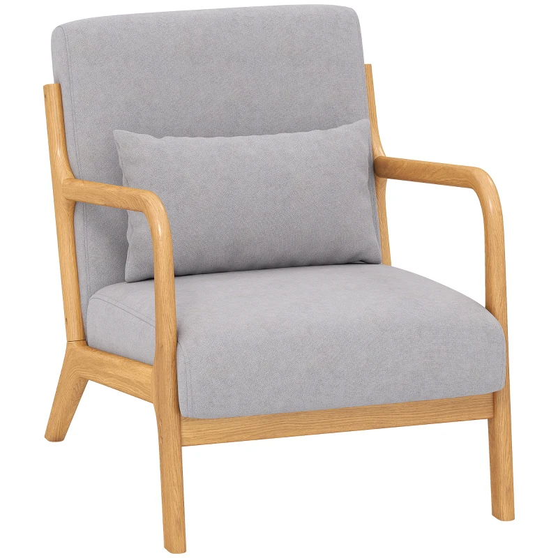 HOMCOM Fauteuil lounge - 3 coussins inclus - assise profonde - accoudoirs - structure bois hévéa - velours givré gris