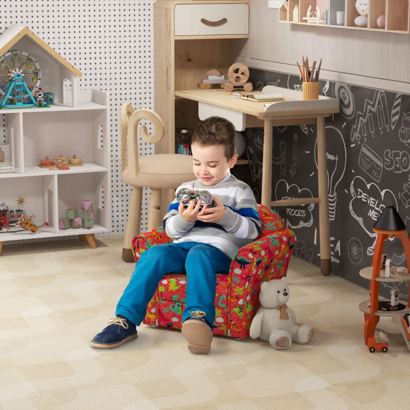 AIYAPLAY Kids Armchair with Dinosaur Design, Wooden Frame, for Bedroom, Playroom, Kids Room, Red