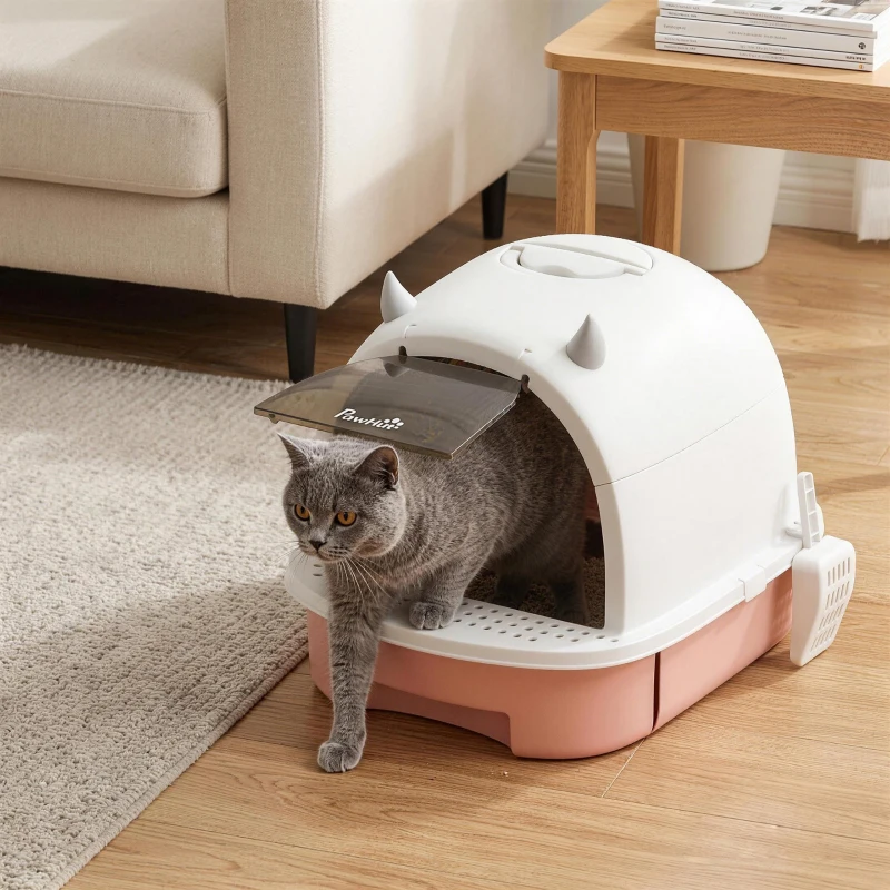 PawHut Litière fermée pour chats avec plateau extractible, pelle et filtre à charbon actif, Rose