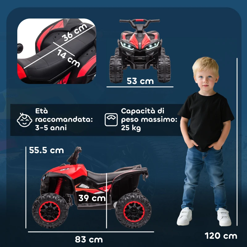 HOMCOM Quad Elettrico per Bambini 12V, 2 Velocità, Ruote Larghe con Clacson e Fari LED, Età 3-5 Anni, Rosso