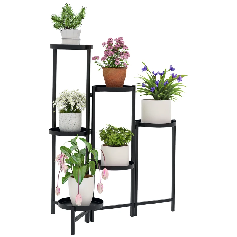 Outsunny Blumentopfständer, Pflanzenständer mit 6 verstellbaren runden Ebenen, Eckständer für Pflanzentöpfe, Metall, Schwarz(m-12)