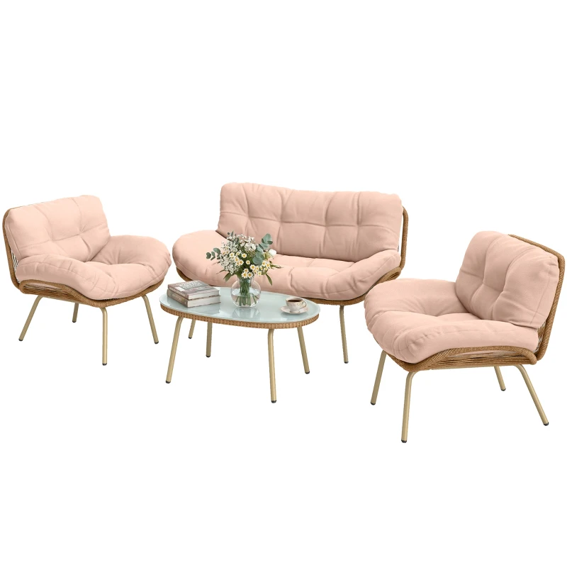 Outsunny Salon de Jardin 4 Pièces en Résine Tressée Coussin 12 cm Ultra Épais Canapé 138 cm 2 Fauteuils et Table Basse Beige