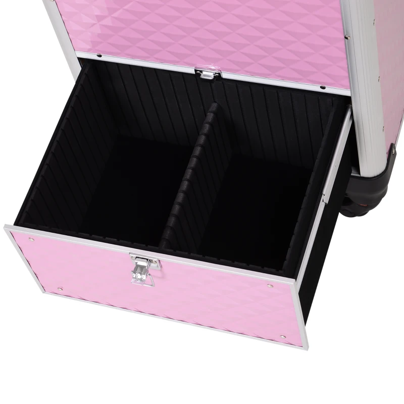 HOMCOM Valise trolley maquillage mallette cosmétique vanity poignée télescopique réglable 34L x 25l x 62H cm alu. rose