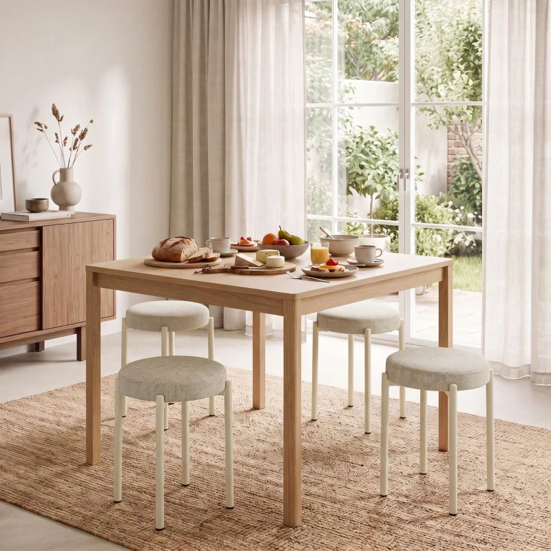 HOMCOM Set de 4 Taburete Stivuite Rotunde cu Șezut Tapițat, fără Spătar, Economisire de Spațiu, 45 x 45 x 47,5 cm, Crem
