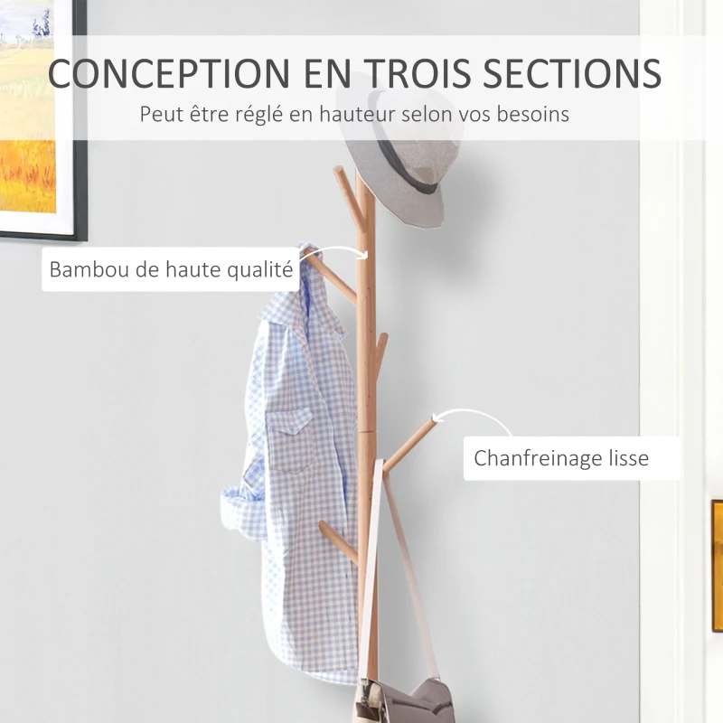 HOMCOM Meuble rangement porte-manteaux 2 en 1 cosy 40L x 30l x 180H cm MDF blanc bois massif bambou