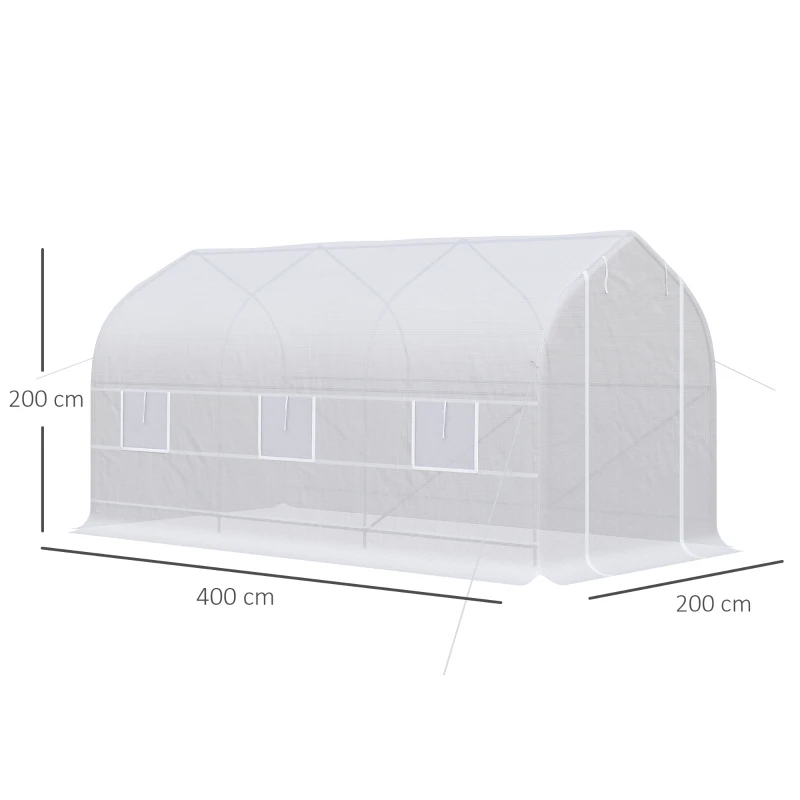 Outsunny Serre tunnel de jardin 8m², serre de jardin tunnel avec 1 portes et 6 fenêtres, bâche PE 140g/m² 400x200x200cm blanc