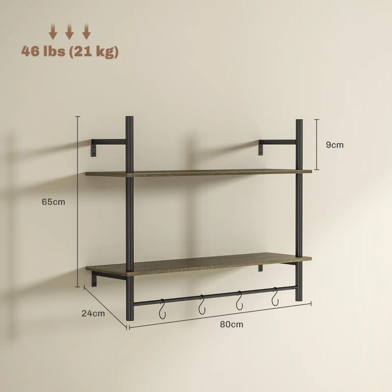 HOMCOM Wall Mounted Floating Shelves with 4 Hooks, Rustic Wall Shelf Unit for Living Room, Entryway, Grey