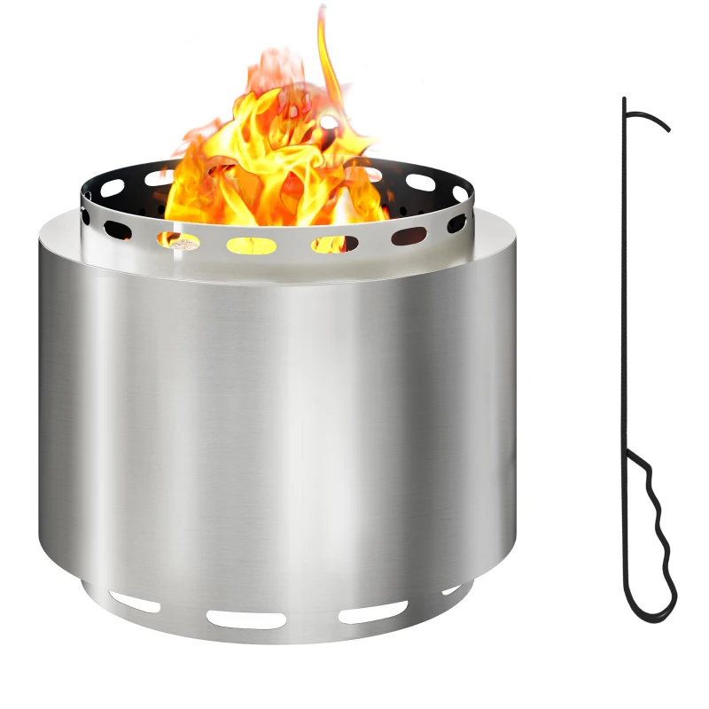Outsunny Smokeless Fire Pit, 48.5cm Portable Wood Burning Firepit with Poker for Garden Camping Bonfire Party, Stainless Steel, Silver