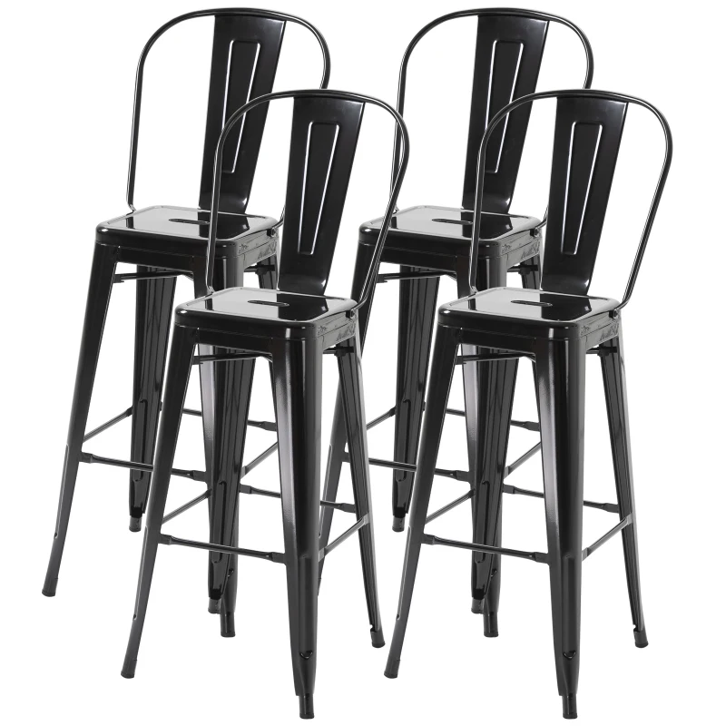 HOMCOM Juego de 4 Taburetes Altos de Cocina de Metal con Respaldo Alto y Reposapiés para Comedor 44x46x116 cm Negro