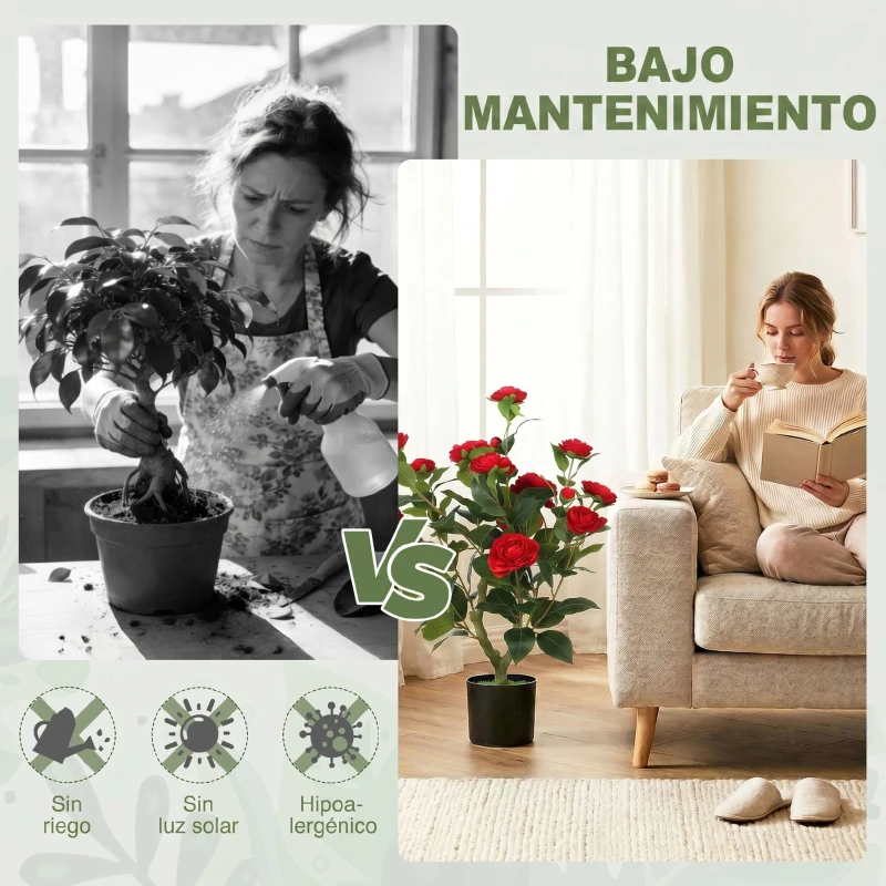 HOMCOM Planta Artificial de Camelia 65 cm Árbol Artificial en Maceta con Flores de Seda Realistas 116 Hojas Efecto Musgo Rojo