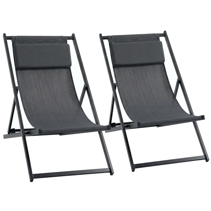 Outsunny Conjunto de 2 Tumbonas Plegables de Aluminio con Respaldo Regulable en 5 Posiciones y Reposacabezas 60x100x85 cm Gris