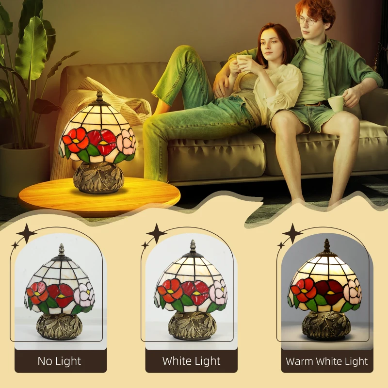 HOMCOM Handcrafted Classic Stained Glass Bedside Lamp, Tiffany-Style Table Lamp with Sculpted Dragonfly Base, Multi-Coloured