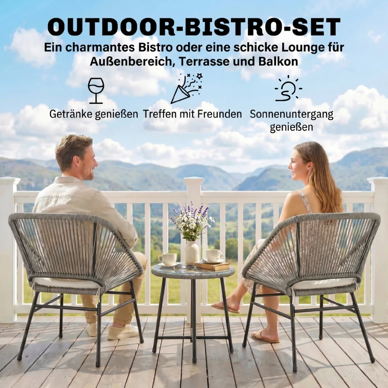 Outsunny 3-teiliges Outdoor-Möbelset, 1 Tisch, 2 Stühle, Rattan-Geflecht, Stahlrahmen, Kaffeetisch mit Glasplatte, Dunkelgrau
