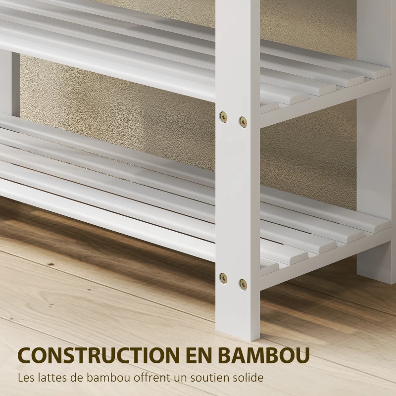 HOMCOM Banc à chaussures en bambou, étagère à chaussures à 3 niveaux, style scandinave, charge 136 Kg, 70 x 28 x 45 cm, blanc