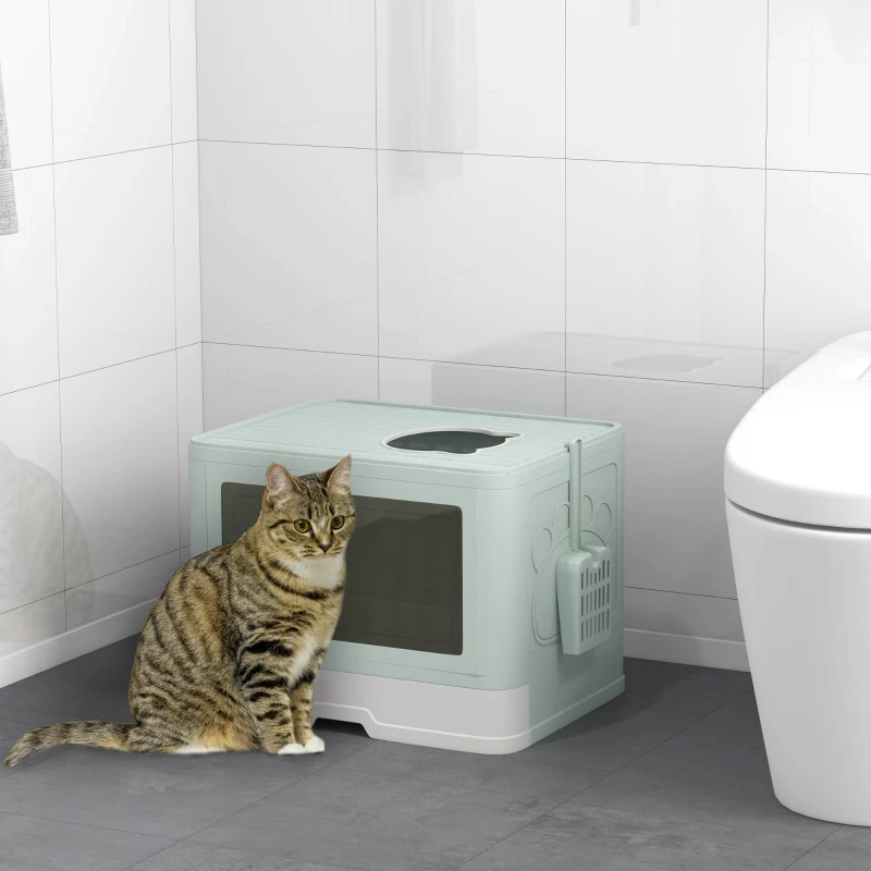 PawHut Arenero para Gatos Cubierto con Pala Cepillo 2 Puertas Entrada Principal y Salida Superior 48,5x38x36,5 cm Verde Claro
