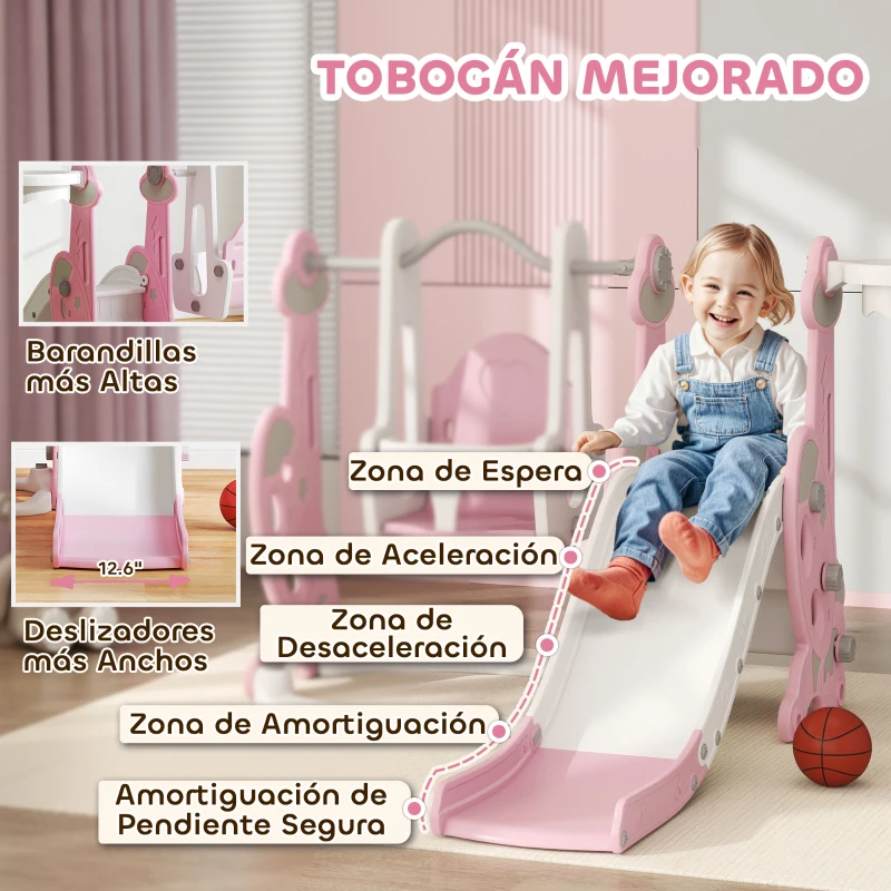 AIYAPLAY 4 en 1 Parque Infantil Interior para +18 Meses Conjunto con Trepador y Canasta con Temática de Cohete Rosa y Blanco