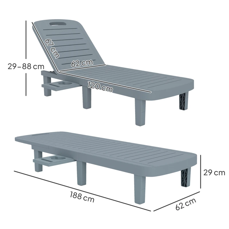 Outsunny Set de 2 șezlonguri, șezlonguri cu tăvi retractabile, înclinabile, suprafață efect lemn, 62 x 158 x 88 cm, gri