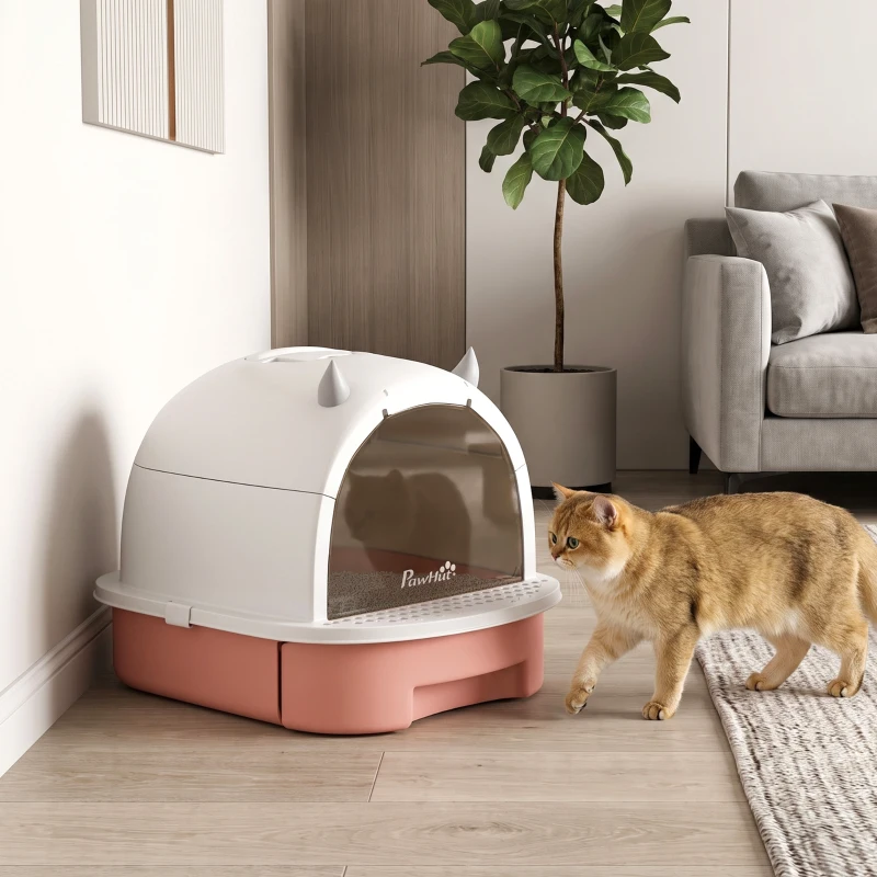 PawHut Litière fermée pour chats avec plateau extractible, pelle et filtre à charbon actif, Rose