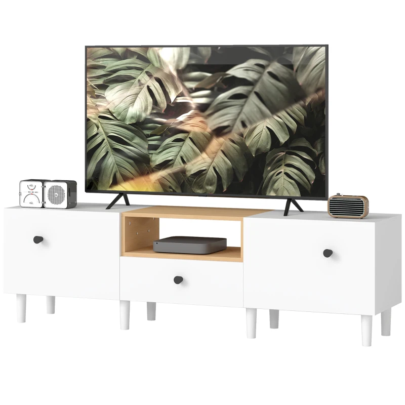 HOMCOM Mobil TV 70" max cu 2 uși rabatabile, sertar și raft deschis, din lemn, 150x35x45 cm, alb și culoare lemn