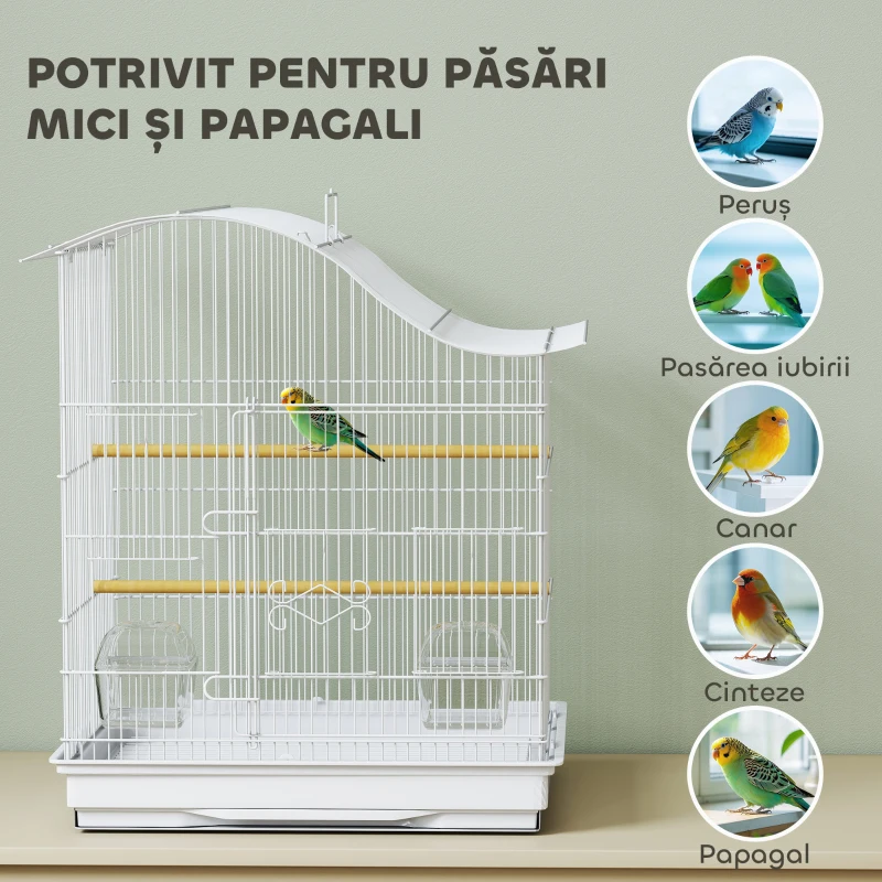 PawHut Colivie pentru Păsări cu 4 Uși, 2 Boluri, 2 Stinghii și Tavă Detașabilă, Volieră din Metal și Plastic, 47,5x36x54,5 cm, Alb