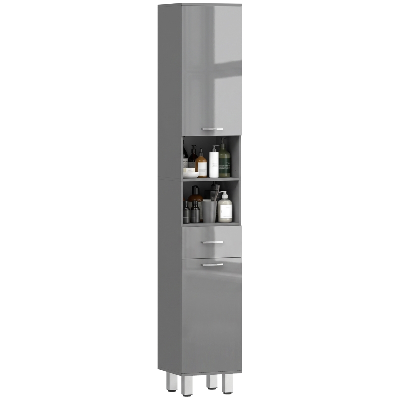 kleankin Badezimmerschrank, Badkommode, mit Regalen und Schublade, verstellbar, Grau