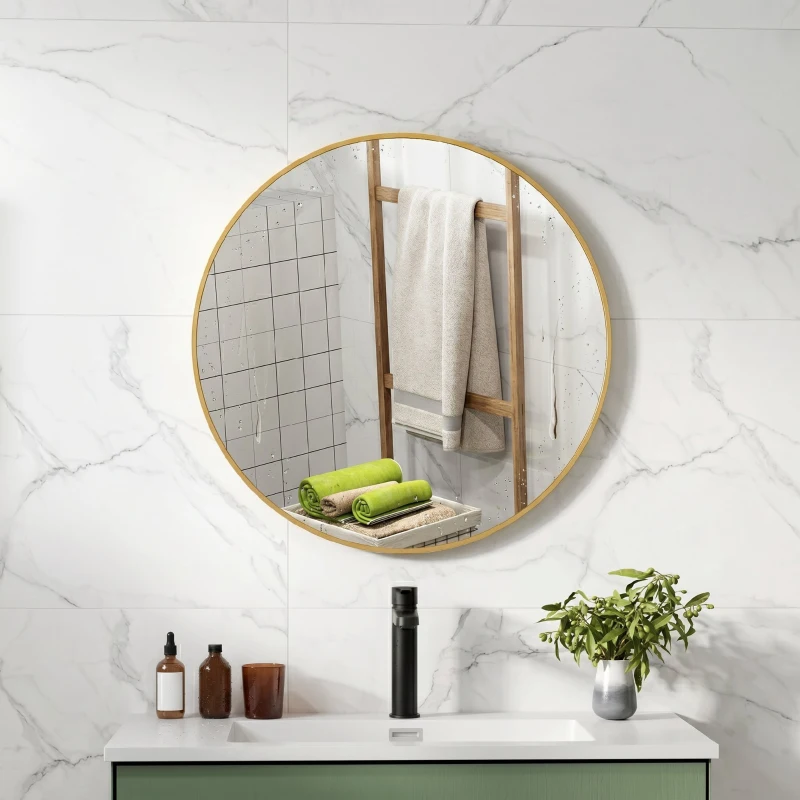 HOMCOM Oglindă rotundă pentru baie cu suprafață rezistentă la șocuri, din sticlă și oțel, Ø70x2,5 cm, culoare aurie