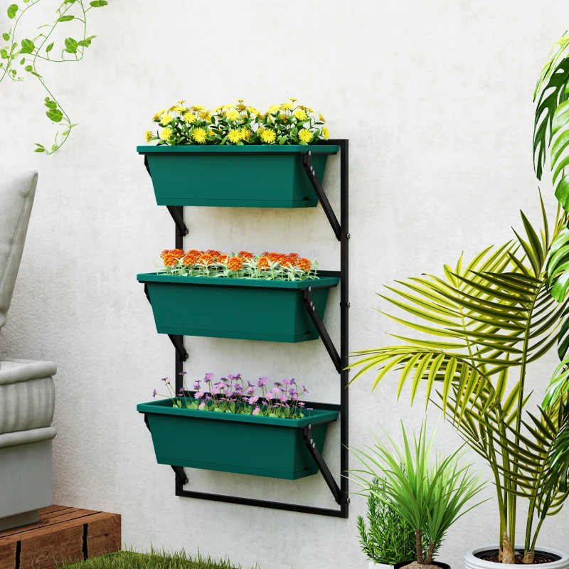 Outsunny Fioriera da Esterno Verticale e 3 Vasi per Piante in Plastica con Fori di Drenaggio, 56x42x100 cm, Verde
