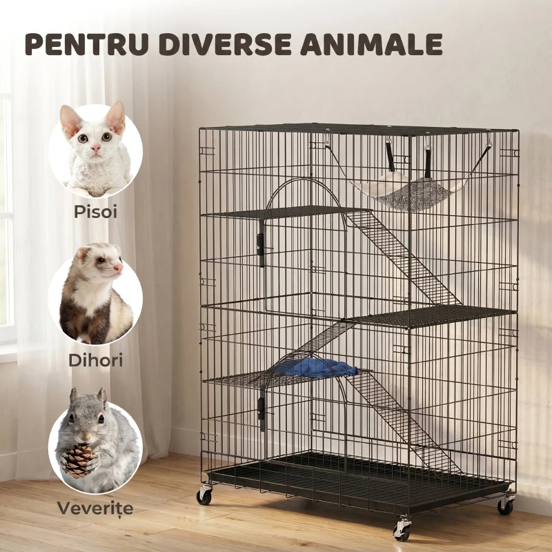 PawHut Cușcă pentru Pisici pe 4 Nivele, Cușcă Mare din Metal cu Roți, Negru