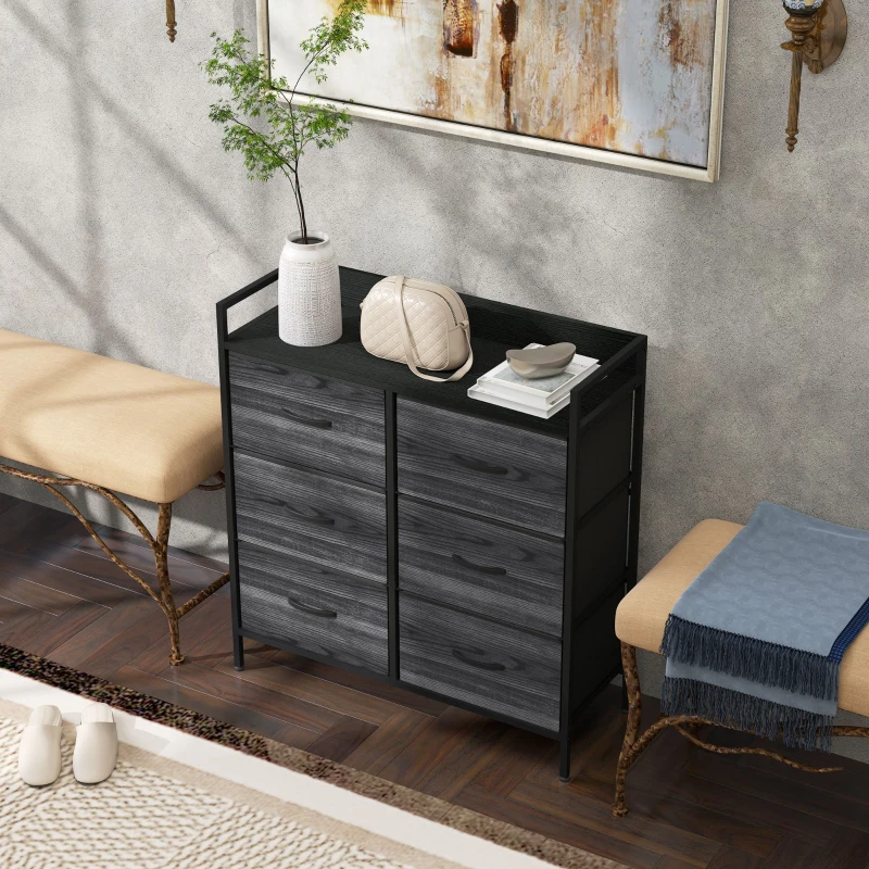HOMCOM Rustic Chest of Six Fabric Drawers - Black