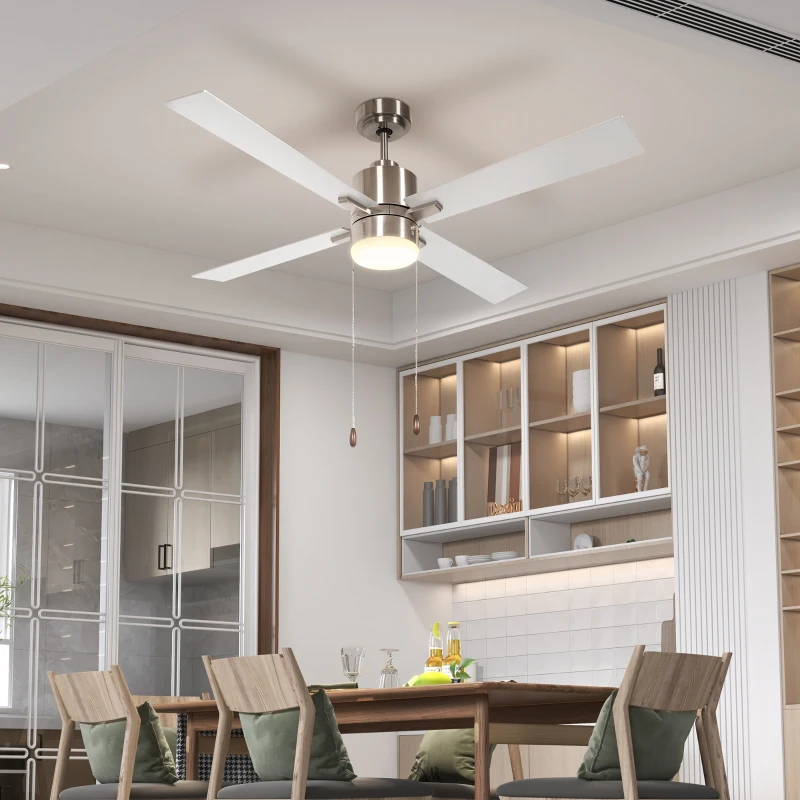 HOMCOM Ceiling Fan with LED Light, Flush Mount Ceiling Fan Lights with Reversible Blades, Pull-chain, Silver and Natural Tone