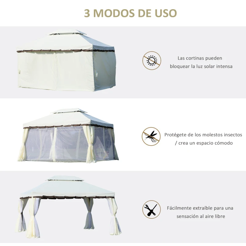 Outsunny Cenador de Jardín 4x3m Pabellón de Jardín Gazebo con Doble Techo Estructura de Aluminio UPF50+ para Exterior Crema
