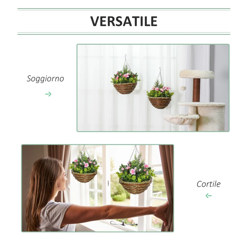 Outsunny Set 2 Piante Finte di Lisianthus con Vaso e Gancio, Piante Artificiali in PE e Vimini, Ø25x34 cm, Verde e Rosa