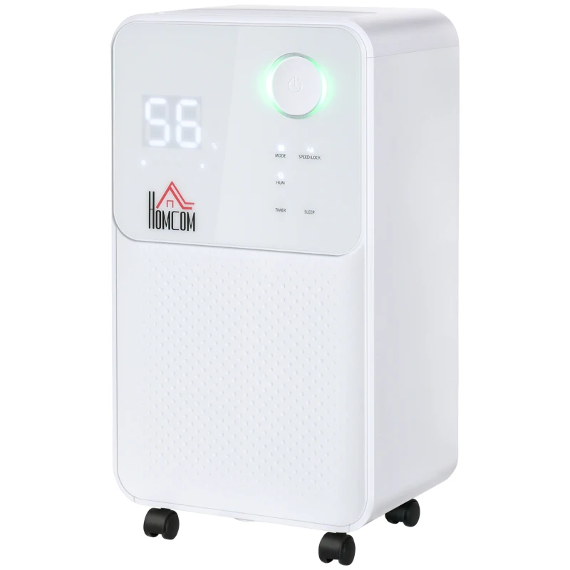 HOMCOM Desumidificador Elétrico 2000ml 12L/Dia com 4 Modos 2 Velocidades Tela LED Luzes Indicadoras Temporizador e Rodas Silencioso para Casa 28x20x50,5cm Branco
