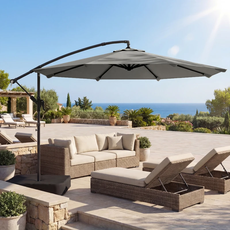 Outsunny 3 m Garden Cantilever Parasol with Cross Base, Sandbag, 360° Rotating Overhanging Banana Umbrella, Grey