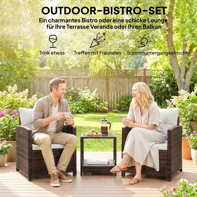 Outsunny Rattan Bistroset, 3 teiliges Gartenmöbel-Set mit 2 Sessel, 2-Ebene Glastisch, abnehmbar Sitzkissen Cremeweiß
