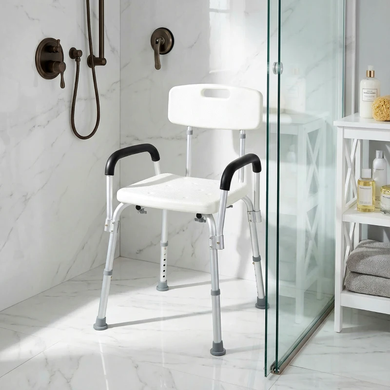 HOMCOM Sedia da Doccia in HDPE a 6 Altezze Regolabili con Schienale e Braccioli, 47x50x74-87 cm, Bianco e Argento