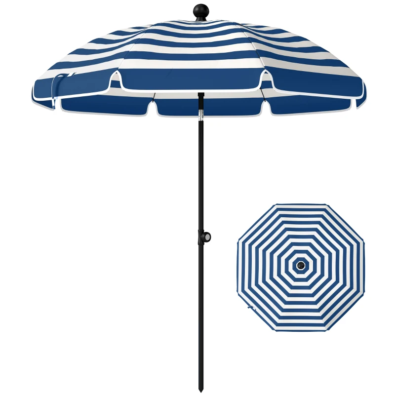 Outsunny 1.8 m Beach Umbrella Parasol with Sand Anchor, Portable 30° Tilting Patio Sun Shade with Adjustable Height, Blue/White