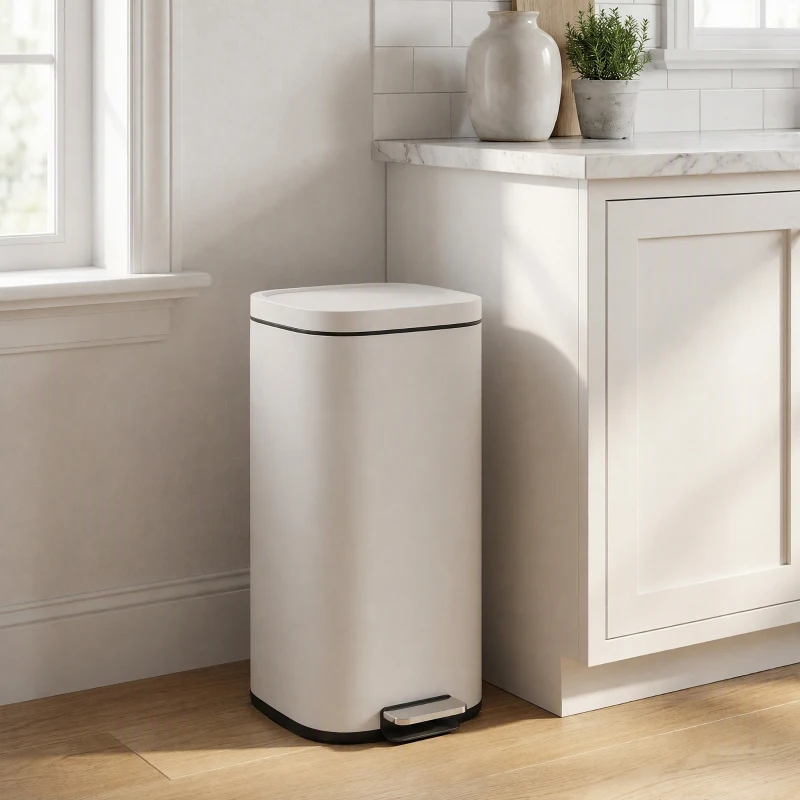 HOMCOM 30L Kitchen Bin, Compact Pedal Bin with Soft-Close and Stay-Open Lid, Removable Bucket for Kitchen, Home, Office, Cream