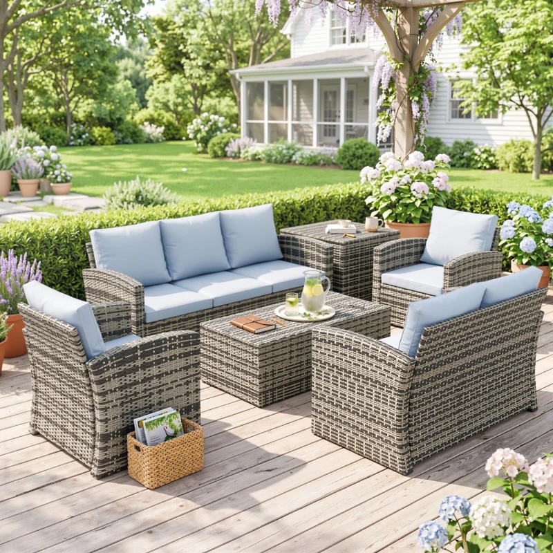 Outsunny 6 Pieces Rattan Garden Furniture Set, 7 Seater Wicker Outdoor Furniture Set with Storage Tea Table & Side Table, Sectional Garden Sofa Set with Cushions, Grey