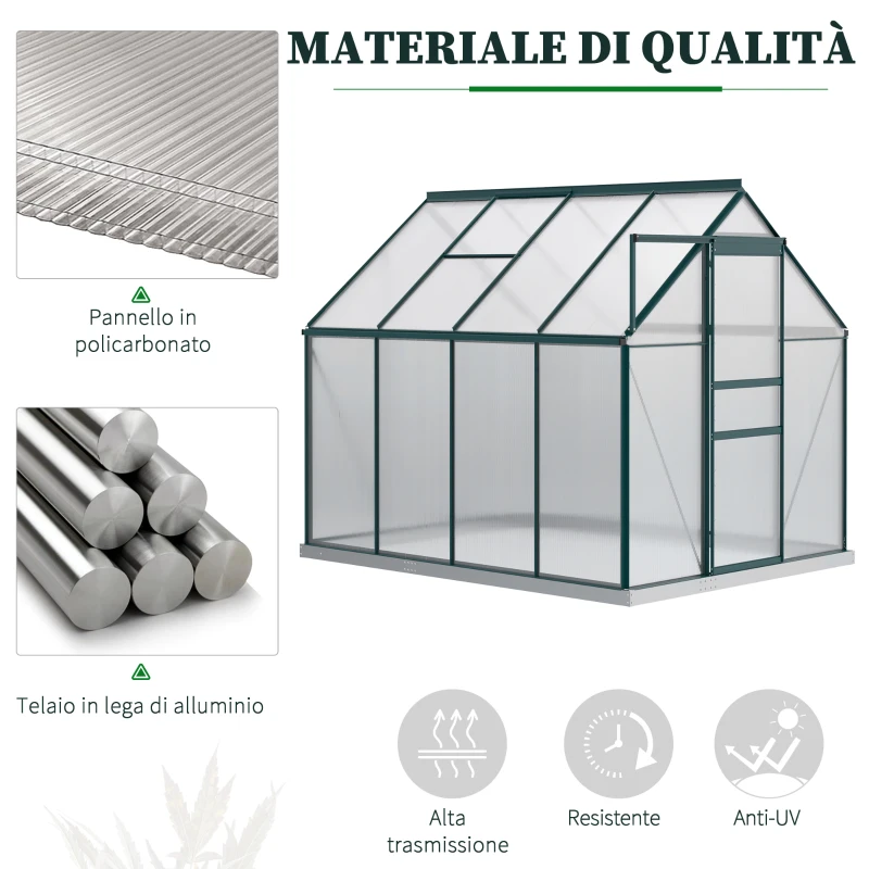 Outsunny Serra da Giardino in Policarbonato, Metallo e Alluminio, Anti-UV e Antivento, 190x253x199cm, Verde