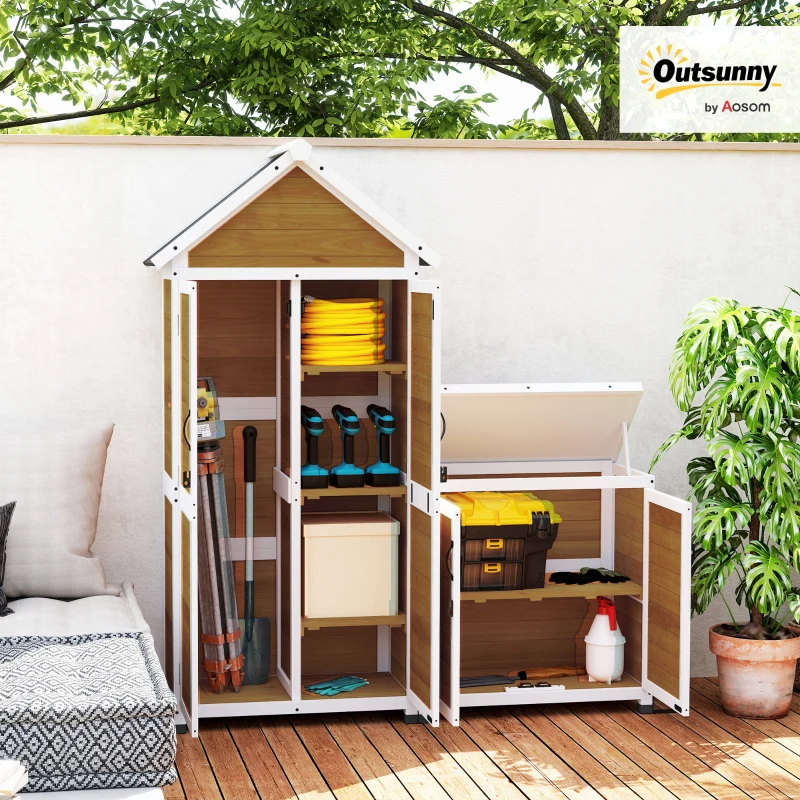 Outsunny Abri de jardin + armoire de rangement en bois avec toit incliné en asphalte, étagères et portes verrouillables, naturel