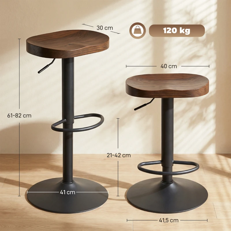 HOMCOM Tabourets de Bar Lot de 2 Réglables Pivotants Chaises de Cuisine avec Siège en Bois d'Orme Marron Foncé
