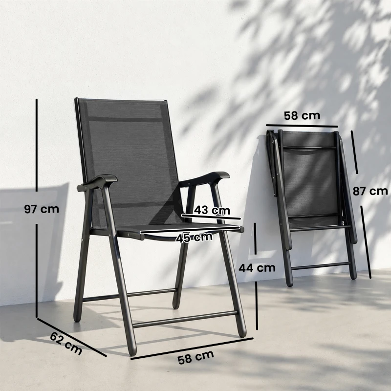 Outsunny Conjunto de 4 Sillas de Jardín Exterior Plegables con Respaldo Alto y Reposabrazos para Terraza Playa 58x62x97 cm Negro