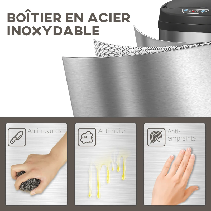 HOMCOM Poubelle cuisine automatique 30L acier inoxydable, poubelle à couvercle à fermeture en douceur, 32x30,5x51cm, argent