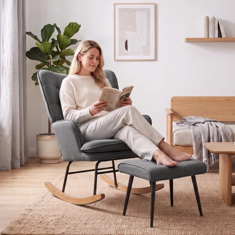 HOMCOM Conjunto de Poltrona Baloiço com Apoio para os Pés Poltrona Relax com Almofada Acolchoada e Anti-Tombo 64x89x90 cm Cinza