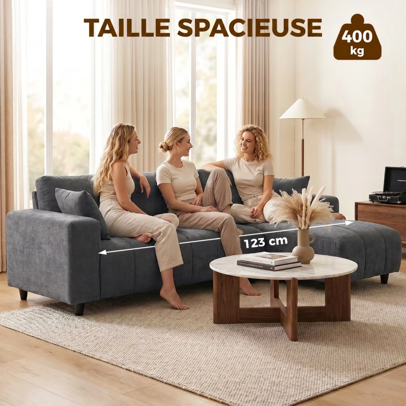 HOMCOM Canapé d'Angle Modulable 242 cm, Canapé 4 Places en L avec Méridienne Réversible, 2 Oreillers, Tissu Aspect Lin, Gris