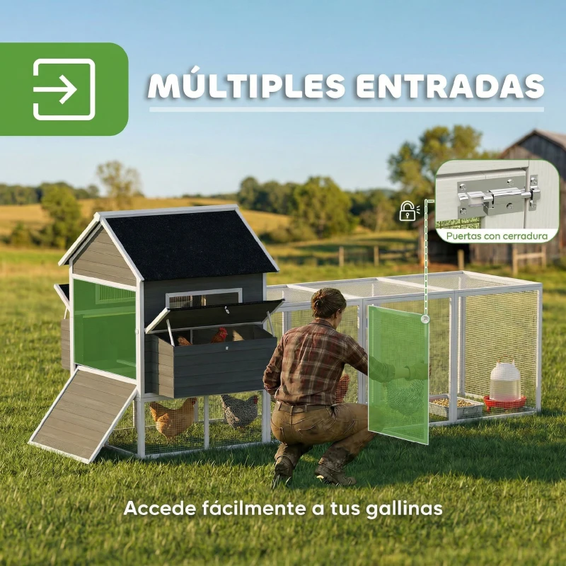PawHut Gallinero Madera Grande Exterior con 2 Nidos Corral Techo Asfáltico Bandeja Extraíble Rampa 347x160x150 cm Gris Oscuro