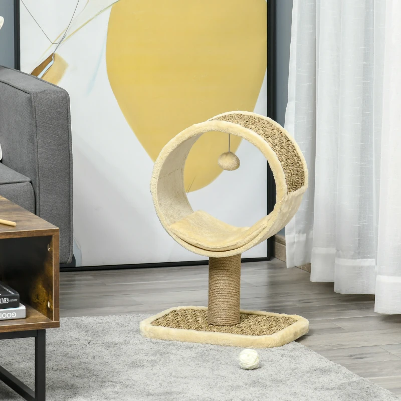 PawHut Arbre à chat en cercle avec griffoir en jute et jouet de souris coussin en peluche doux en panneaux de particules 40 x 30 x 56 cm kaki beige café