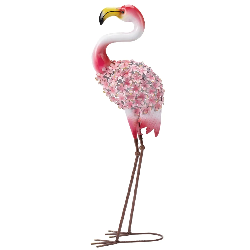 Outsunny Statue de Jardin Flamant Rose, Sculpture d'Oiseau en Métal avec Plumes Florales, 28 x 19 x 83 cm, Rouge