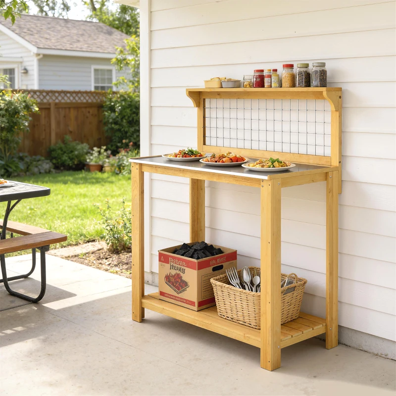 Outsunny Wooden Potting Bench Table with Aluminium Worktop, Outdoor Garden Workbench with 2 Shelves